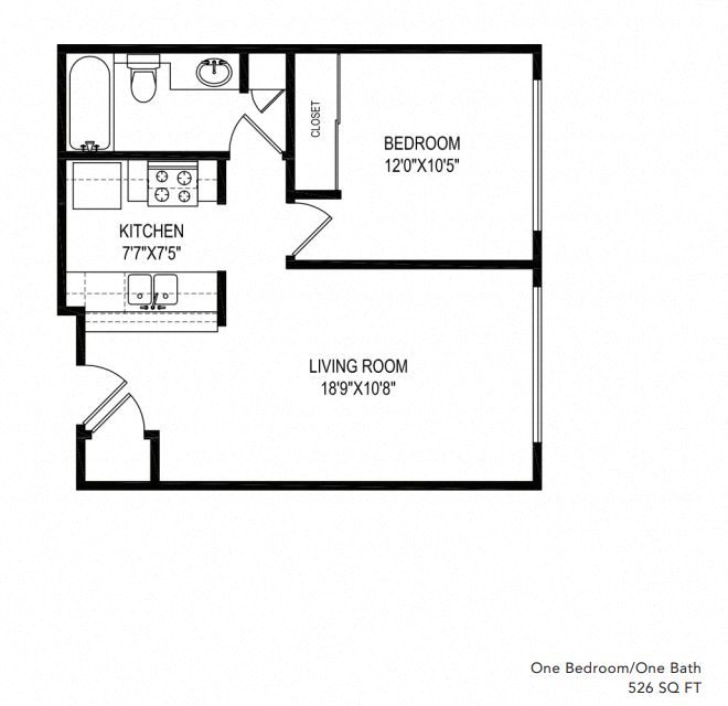 Floor plan for 1 bed, 1 bath, 526 sqft